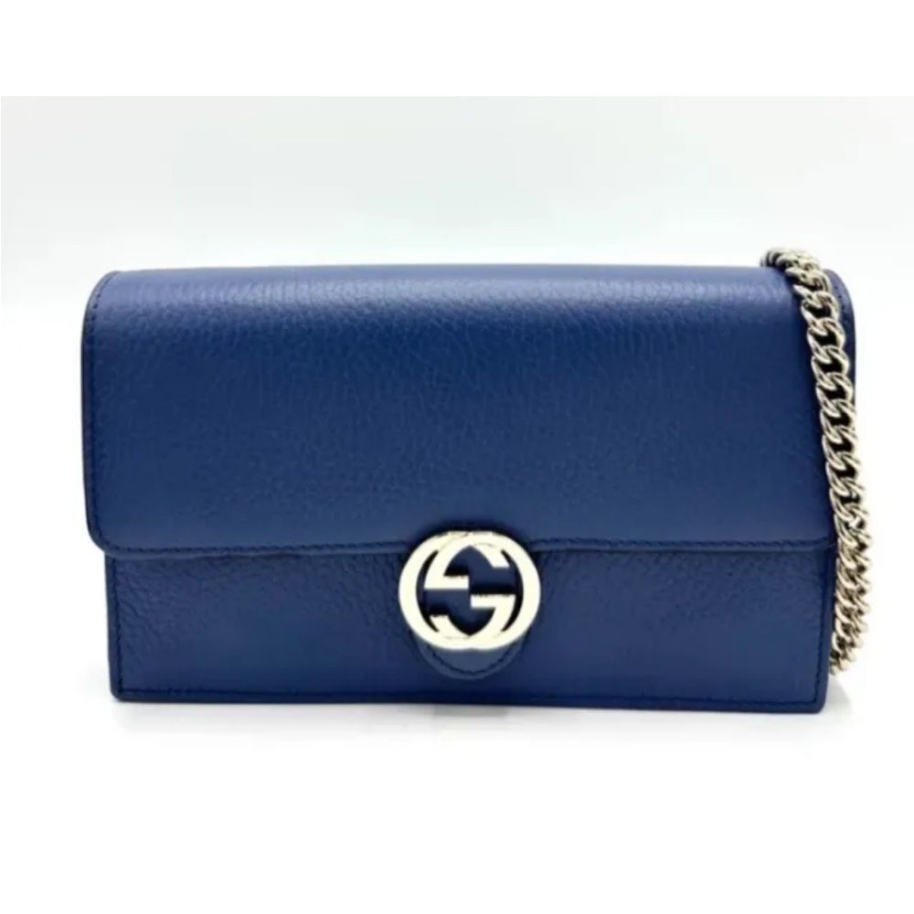 Women’s Gucci Caspian blue interlocking G wallet on a chain made in Italy